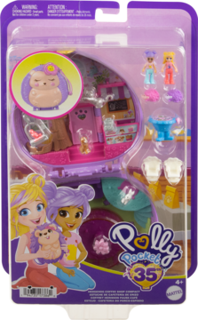 Polly Pocket 35 kieszonkowy zestaw, fioletowe opakowanie z hamsterem, z mikro-lalkami i akcesoriami, widok z przodu.