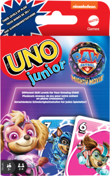 Gra UNO Junior Psi Patrol Mighty Movie, opakowanie z 3 poziomami trudności i postaciami Skye.