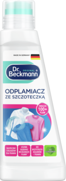 Dr. Beckmann Odplamiacz ze szczoteczką, biała butelka z turkusową etykietą. Widok z przodu, napisy "100+ plam".