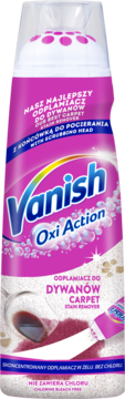 Różowy żel Vanish Oxi Action, odplamiacz do dywanów z aplikatorem i grafiką wina, widok z przodu.