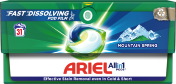 Zielony karton Ariel All-in-1 PODS Mountain Spring 31 szt., z dużą kapsułką i górami, widok z przodu.