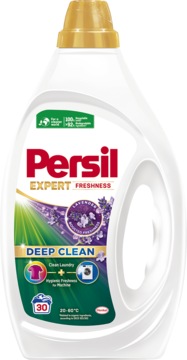 Persil Expert Freshness Deep Clean żel do prania lawendowy w białej butelce ze złotym korkiem, widok z przodu.