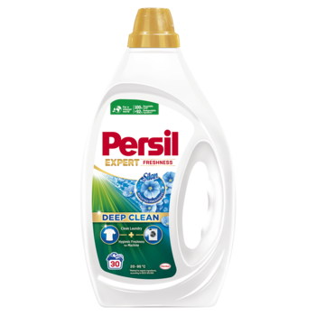 Biała butelka żelu do prania Persil Expert Freshness Deep Clean z czerwoną etykietą i złotą zakrętką, widok z przodu.