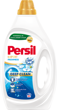Biały żel do prania Persil Expert Freshness Deep Clean, butelka z czerwoną nazwą i niebieską etykietą, widok z przodu.