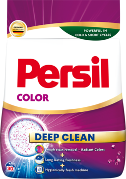 Fioletowe opakowanie proszku do prania Persil Color Deep Clean, z przodu logo i grafika granulek.