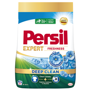 Opakowanie proszku Persil Expert Freshness by Silan Deep Clean, złoto-niebieska torba z kwiatami i ikonami czystości, widok z przodu.