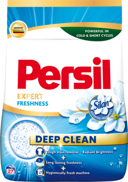 Proszek Persil Expert Freshness Deep Clean by Silan, białe opakowanie z niebieskimi detalami, 27 prań, widok z przodu.
