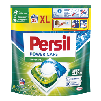 Zielono-niebieska torebka Persil Power Caps XL 35 sztuk, uniwersalne kapsułki Deep Clean, widok z przodu.