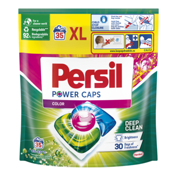 Opakowanie XL Persil Power Caps Color Deep Clean 35 szt., zielono-różowe z kapsułką, widok z przodu.
