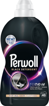 Perwoll Renew Black, delikatny płyn do prania czarnych i ciemnych tkanin, butelka z białym korkiem, widok z przodu.