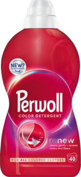 Perwoll Renew Color płyn do prania, czerwona butelka z białym korkiem, widok frontalny, napis Renew i 40 prań.