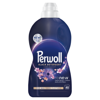 Perwoll Black Detergent Dark Bloom Renew, ciemnogranatowa butelka z kwiatami, do ciemnych ubrań, widok z przodu.
