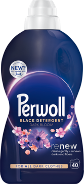 Perwoll Renew Dark Bloom do ciemnych ubrań, granatowa butelka z kwiatowym wzorem, widok z przodu.