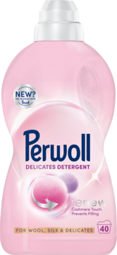 Różowy płyn Perwoll Renew Delicates Detergent, do wełny i jedwabiu, 40 prań, butelka od przodu.