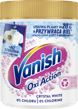 Vanish Oxi Action Crystal White odplamiacz w proszku, biała tuba ze złotym wieczkiem, widok z przodu.