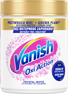 Vanish Oxi Action Crystal White odplamiacz w proszku, biała tuba ze złotą pokrywką i różowym logo, widok z przodu.