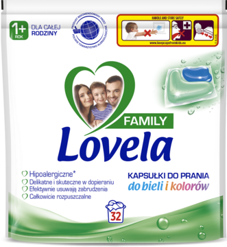 Biała torba hipoalergicznych kapsułek Lovela Family do prania białych i kolorowych ubrań, widok z przodu.