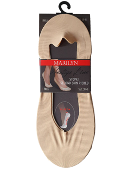Beżowe, prążkowane stopki Marilyn Prestige Line do balerinek z silikonowym piętą, w opakowaniu handlowym.