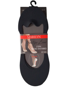 Czarne, prążkowane stopki Marilyn Second Skin Ribbed w opakowaniu, z grafiką stopy. Widok z przodu.