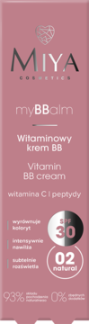 Różowy krem BB Miya Cosmetics myBBbalm z witaminą C, peptydami i filtrem SPF 30, widok z przodu opakowania.