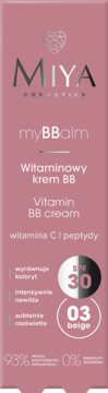 Różowy krem BB Miya myBBbalm, Vitamin BB cream SPF 30, odcień 03 beige, 93% naturalny skład.