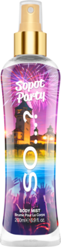 Mgiełka So...? Sopot Party, owocowo-kwiatowy body mist 200ml, złota nakrętka, etykieta z fajerwerkami, widok z przodu.