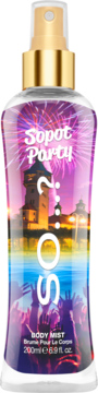Mgiełka So...? Sopot Party, owocowo-kwiatowy body mist 200ml, złota nakrętka, etykieta z fajerwerkami, widok z przodu.