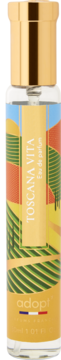 Woda perfumowana Adopt Toscana Vita 30ml, butelka ze złotą nakrętką, barwna etykieta z toskańskim krajobrazem.