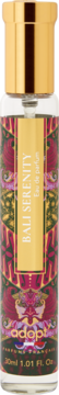 Flakon perfum Adopt Bali Serenity 30ml: przezroczysta butelka, złoty korek, złota etykieta, czerwono-zielony wzór.
