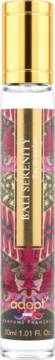 Adopt Bali Serenity, perfumy 30ml w przezroczystej butelce ze złotą nakrętką i etykietą, różowo-czerwony wzór. Front.