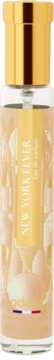 Adopt New York Fever Eau de Parfum w przezroczystej butelce z złotą zakrętką, pionowa złota etykieta, widok z przodu.