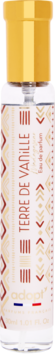Adopt Terre de Vanille eau de parfum, szklana butelka ze złotą nakrętką i beżowo-czerwonymi wzorami, widok przodem.
