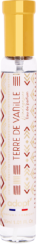 Adopt Terre de Vanille eau de parfum, szklana butelka ze złotą nakrętką i beżowo-czerwonymi wzorami, widok przodem.