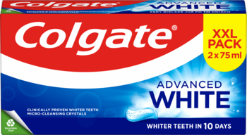 Colgate Advanced White pasta do zębów XXL PACK 2x75ml. Czerwono-niebieskie pudełko, widok z przodu.