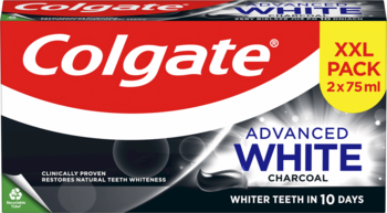 Colgate Advanced White Charcoal pasta do zębów, kartonowe opakowanie XXL, czarne z czerwienią, wybiela zęby w 10 dni.