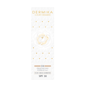 Dermika Luxury Ceramides Pielęgnacyjny podkład 4w1 nr 04, SPF 30, białe pudełko z złotymi detalami.