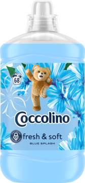 Niebieski płyn do płukania Coccolino Fresh & Soft Blue Splash, miś, kwiaty, 68 prań, widok z przodu.