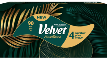 Velvet Excellence 4-warstwowe chusteczki, 90 sztuk, w eleganckim ciemnozielonym pudełku ze złotymi liśćmi, z przodu.