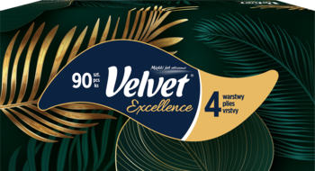 Logo chusteczek Velvet Excellence, granatowo-złoty emblemat z liczbami 90 i 4, na tle liści palmowych.