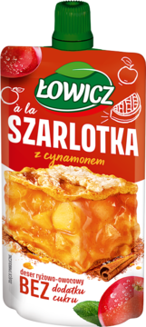 ŁOWICZ deser ryżowo-owocowy Szarlotka z Cynamonem. Czerwono-biały pouch, bez cukru, widok z przodu.