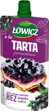 Łowicz Tarta porzeczkowa, fioletowy deser ryżowo-owocowy bez dodatku cukru, z dużą grafiką tarty.