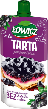 Łowicz Tarta porzeczkowa, fioletowy deser ryżowo-owocowy bez dodatku cukru, z dużą grafiką tarty.