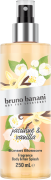 Bruno Banani Sunset Blossom Jasmine & Vanilla Body & Hair Splash w wysokiej, pomarańczowej butelce, widok z przodu.