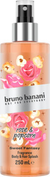 Mgiełka Bruno Banani Rose & Popcorn w butelce 250ml, z nadrukiem róż i popcornu, widok z przodu.