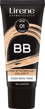 Lirene BB Cream Beige 01 z witaminą C, wyrównujący koloryt, w czarnej tubce, widok z przodu.