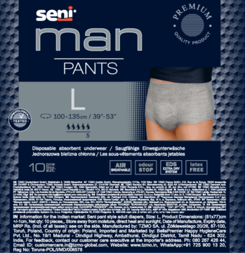 Granatowe opakowanie Seni Man Pants L dla mężczyzn, z wizerunkiem szarej bielizny chłonnej i oznaczeniem rozmiaru.