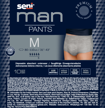 Seni Man Pants, absorbent underwear for men, size M (80-110cm), front packaging view with product image.