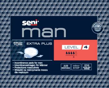Seni Man Extra Plus: granatowe opakowanie wkładek urologicznych dla mężczyzn, chłonność Level 4, widok z przodu.