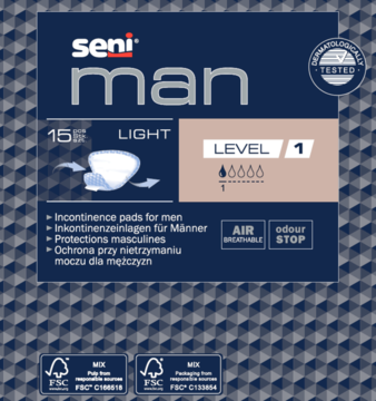Seni Man Light, granatowe opakowanie męskich wkładek urologicznych poziom 1, widok z przodu.