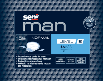 Seni Man Normal Level 2, opakowanie wkładek urologicznych dla mężczyzn, ciemnoniebieskie, widok z przodu.